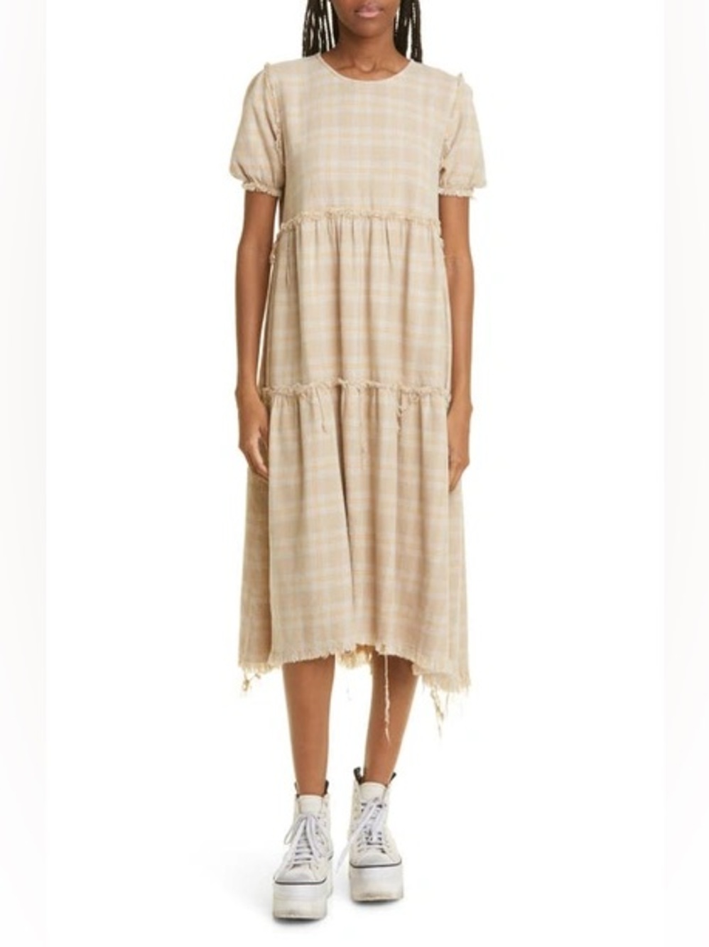 R13 Shredded Relaxed Tan Khaki Overdye Plaid Tiered Cotton Midi Dress size M